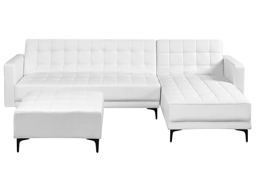 Beliani Canapé d'angle à Gauche avec Pouf Moderne en Cuir PU Synthétique Similicuir Capitonné Modulable 4 Places Blanc Aberdeen