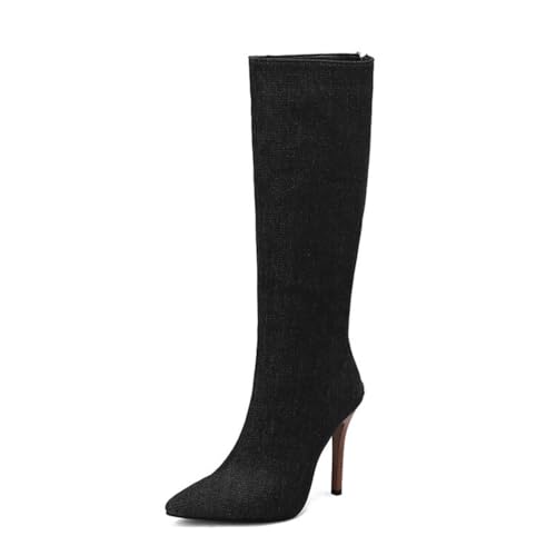YhdtHSF Stivali Alti da Donna con Tacco a Spillo da 11 cm, Punta Affusolata, Cerniera Laterale, Scarpe alla Moda da Abito,Nero,34 EU