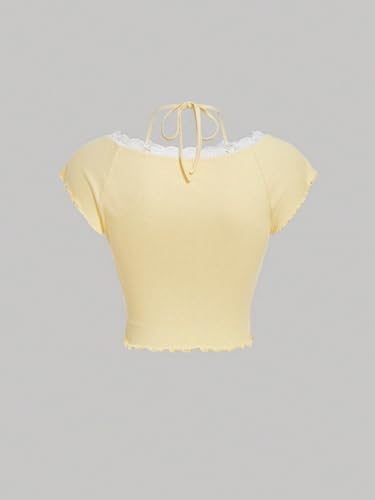 Verdusa Women's Contrast Lace Halter Neck Lettuce Trim Casual Crop Tee Tops2
