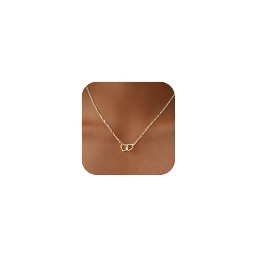 JIKASI Gold Heart Necklace for Women Dainty 14K Gold Plated Interlocking Love Charm Pendant Choker Adjustable Chain Meaningful Cute Jewelry Gift for Her Wife Best Friend Couple