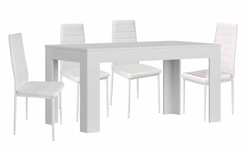 S & S Saldos y Stocks Mesa Extensible de Comedor o Cocina Blanco + 4 Sillas en Polipiel/Metal Blanco