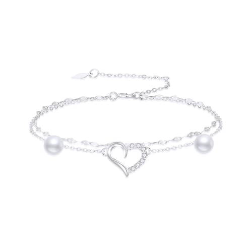 Image of SISGEM Real 14k Gold Natural Diamond Heart Layered Anklet for Women, Love Ankle Bracelets Gifts for Her, 9+1+1 Inches