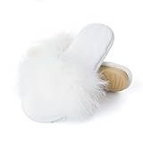 Fur Story Women's Furry Open Toe Fuzzy Fluffy House Slippers - Soft Bride Slippers for Wedding Day (White, 7.5-8)
