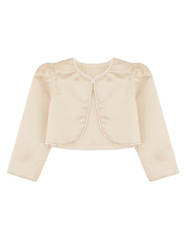 Flower Girls Satin Bolero Faux Pearls Long Sleeve Cardigan Shrug Kids Fully Lined Cropped Jacket3