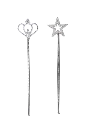 Vonokee 2 Pack Silver Princess Star Wand, Crown Wands Angel Magic Wand for Girls Birthday,Dress up and Halloween Costume Supplies (Silver Star Crown)