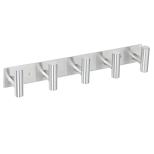 Mooche Garderobenleiste mit 5 Haken 36cm - Kleiderhaken 304 Edelstahl Hakenleiste für Flur Schlafzimmer und Badezimmer, 2 Befestigungsmöglichkeiten - Kleben oder Gebohrt, Gebürstet