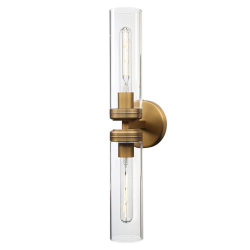 Image of Pathson 2 Lights Cylinder Glass Wall Sconce, Hardwired Wall Vanity Lights with Double Tube Glass, Vintage Aluminum Wall Lamp Decor for Living Room Bedroom (Brass Gold 1-Pack)