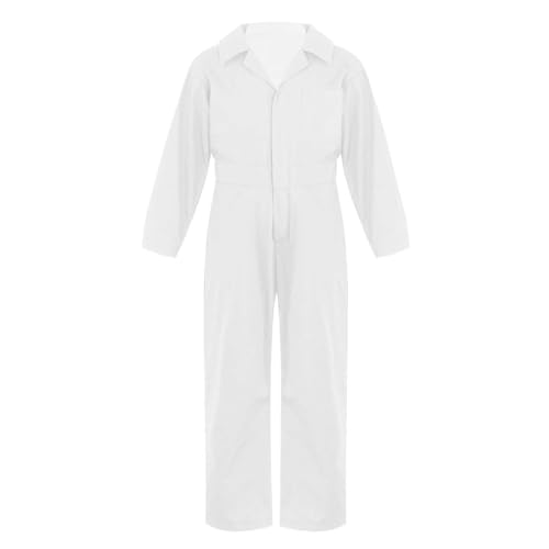 Freebily Mono para Niños Manga Larga Monos y Petos de Trabajo Mecánico Buzo con Cuello Solapa y Cremallera o Botones y Bolsillos Traje de Vuelo A Blanco 11-12 años