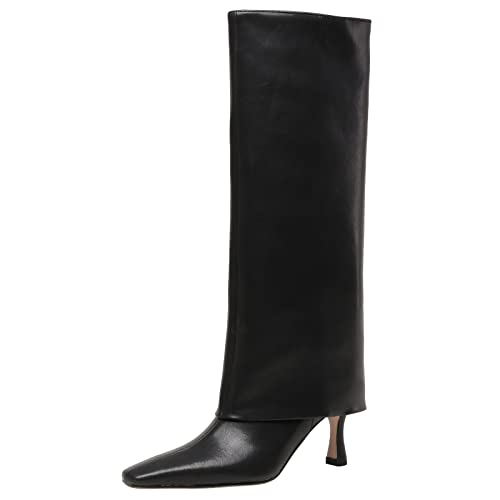 Kluolandi Women's Stiletto High Heel Knee High Boots Pointed Toe Fold Over Boots for Women Knee High Dress Shoes2