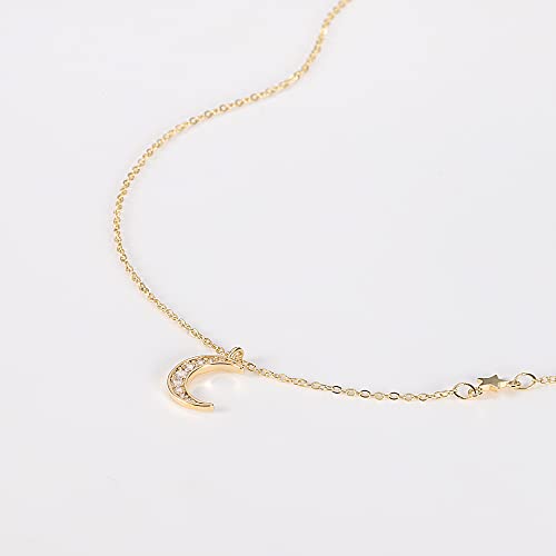 Hanli Dainty Necklace For Women 14K Gold Plated Simple Moon And Star Necklace Long Necklace Double Circle Pendant Necklace Everyday Trendy Jewelry Gift For Girls #TOP5