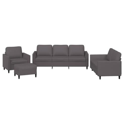 vidaXL Sofagarnitur 4-TLG., Sessel Couch mit Kissen Fußhocker, Sofa Wohnzimmersofa mit Armlehnen, Couchgarnitur Designsofa Sitzmöbel Polstermöbel, Grau Kunstleder