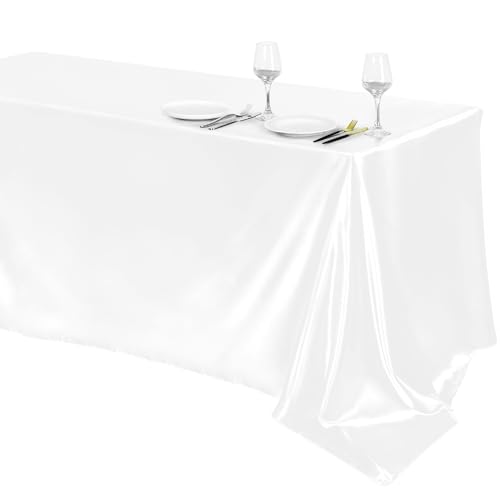 Image of TURSTIN 1 Pack White Satin Tablecloth 102 x 58 Inch Overlay Satin Table Cover Rectangle Bright Silk Tablecloth Smooth Fabric Table Decoration for Wedding Banquet Party Events