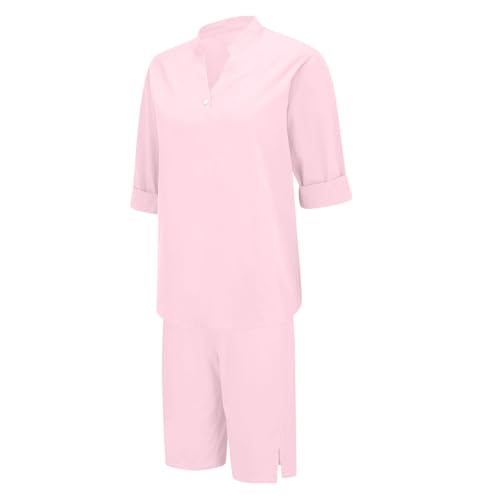 Cotton Linen Sets Women Short Sleeve V Neck Tops and Shorts 2 Piece Set 2025 Summer Casual Vacation Travel Outfits3