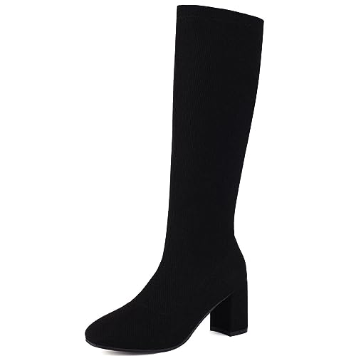 KISSASA Knit Knee High Stretch Boots Chunky Heeled Knee High Square Toe Pull On Boots