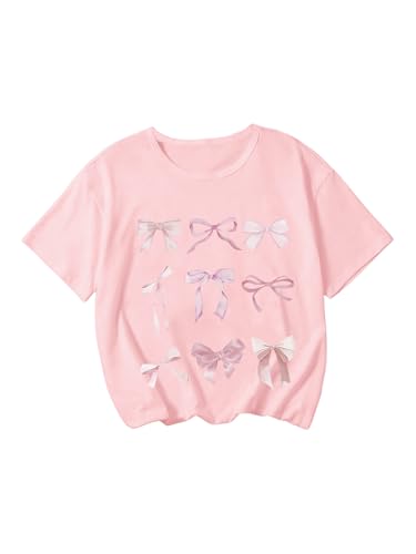 Image of Girl's Bow Graphic Tees Crew Neck Short Sleeve Summer T Shirts Preppy Cute Clothes for Girls