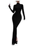 OYOANGLE Women's High Slit Open Back Bodycon Dress Long Sleeve High Neck Cocktail Long Dresses Black Small