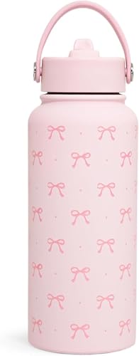 Pink Bow Water Bottle 1L (32oz) Insulated Water Bottle Stainless Steel Pink Girls Water Bottle with Straw for Women Girls Birthday and Back to School Gift