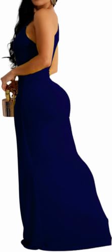 Image of SxClub Women's Formal Wedding Guest Dresses Long Prom Gowns Evening Party | Cocktail Dresses for Women High Neck Sleeveless Twist Waist Floor Length Dress Split Back
