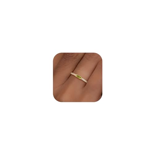 RLMOON Gold Birthstone Rings for Women Non Tarnish 14K Gold Plated Stackable Ring Dainty CZ Olive Green Gemstone Eternity Band Size 6