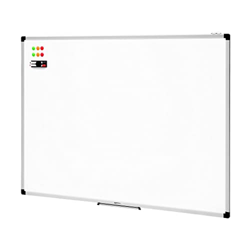 Amazon Basics Magnetic Whiteboard with Aluminum Frame Pen Tray 6 Magnets 1 Eraser and 2 Markers for Office and Home Use Wall mounted Dry-Erase Dry-Wipe 120 x 90 cm