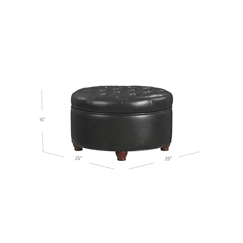 Image of HomePop 25 inch Button Tufted Round Storage Ottoman - Black Faux Leather