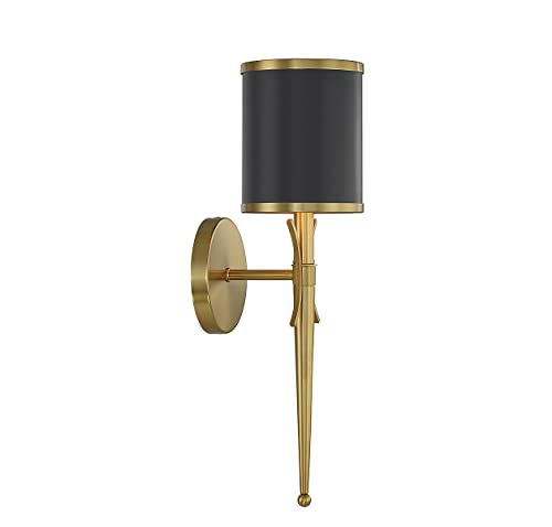 Image of Savoy House 9-9944-1-143 Quincy Modern Vintage Traditional Metal Wall Sconce, 1-Light 60 Watt, 19 inch H x 5 inch W, Matte Black with Warm Brass