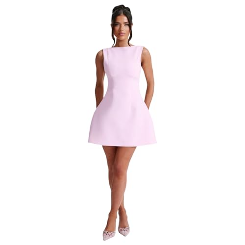 Image of JUMISEE Women's Sleeveless Formal Mini Dress Elegant Backless A Line Tank Dress Bodycon Short Dresses for Office Work Party Pink