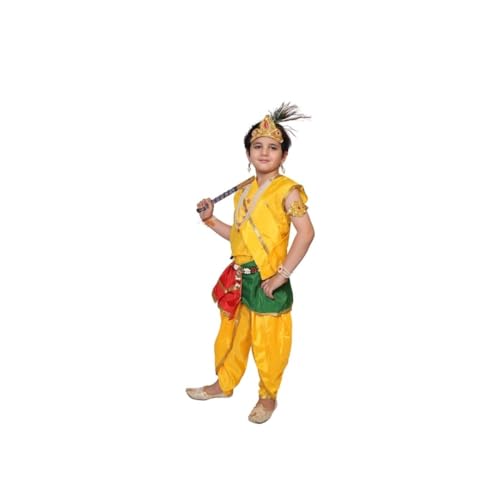 Image of Kaku Fancy Dresses Krishna Costume With Dhoti For Boy /Janmashtami /Bal Gopal Dress /Kanha Costume /Bal Krishna /Mythological Costume For Boy - Yellow-Red, 1-2 Years