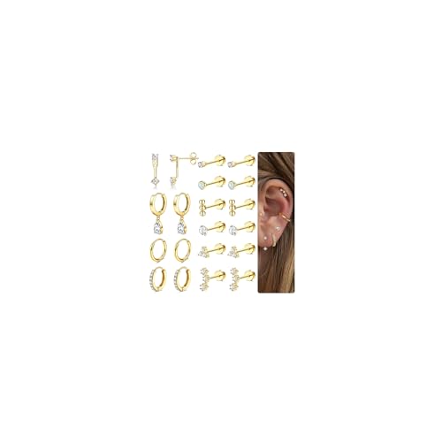 MILACOLATO Hypoallergenic Flat Back Earrings 14K Gold Plated Cartilage Earring Sets for Multiple Piercing 20G Surgical Stainless Steel Earrings for Women Trendy Earring Stacks Small Hoop Flatback Stud Earrings G