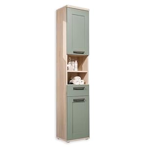 Stella Trading Bergen hoge badkamerkast in Sonoma eikenlook, rietgroen – badkamerkast met veel opbergruimte – 38 x 190 x 32 cm (B x H x D)