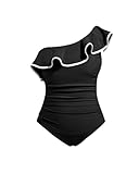 Aqua Eve Plus Size Bathing Suits for Women One Piece Swimsuits One Shoulder Ruffle Tummy Control Black and White Swimwear 18W