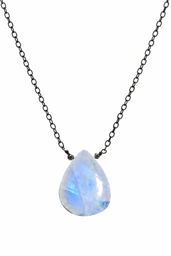 Collier en pierre de lune naturelle poire arc-en-ciel avec chaîne noire réglable pour femme