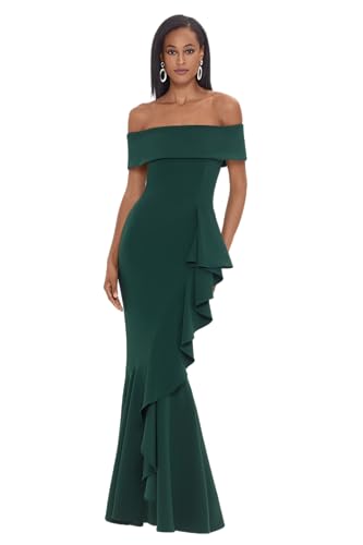 Image of Betsy & Adam Women's Women's Long Off Shoulder Cascade Ruffle Stetch Scuba Crepe Gown