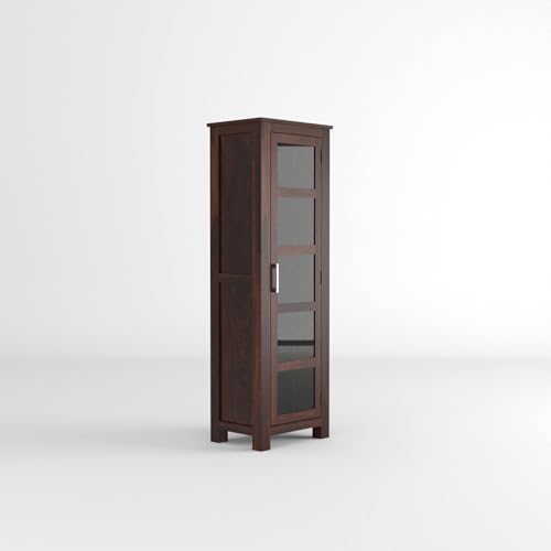 Image of Sheesham Wood Corner Book Shelf with Acrylic Glass Door | Wooden Sideboard Crockery Cabinet with 5 Shelf Storage | Kitchen Display Unit | Bookshelf for Home Library | Walnut Finish