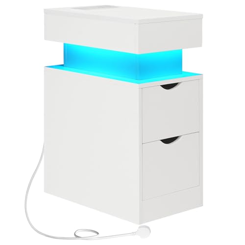 HOOBRO Bedside Table with Charging Station, Slim LED Nightstand with 2 Drawers, Narrow Side Table with Power, for Small Spaces, Bedroom, Living Room, White EWT201KDBZ01