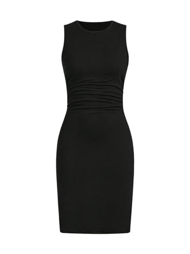 OYOANGLE Girl's Ruched Round Neck Sleeveless Tank Dress Solid Slim Fitted Pencil Short Dresses