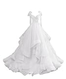 CWOAPO Women's Spaghetti Straps Tulle Prom Dresses for Teens V Neck Ruffle Long Layered Ball Gowns White Wedding Dresses Puffy Evening Gown Formal Party Dress US16