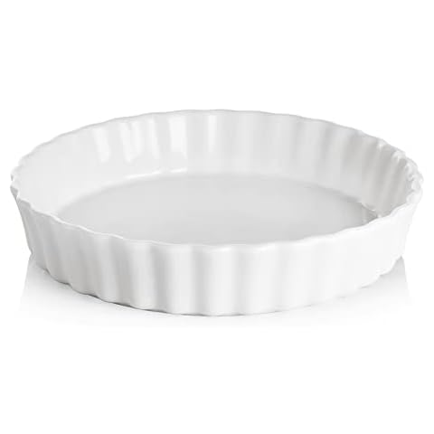 SWEEJAR Porcelain Pie Pan, 24cm Round Corrugated Tart Dish, Non-Sticky Ceramic Quiche Plate, Suitable for Baking Apple Pie, Cheese Sweet Potato Pie, Chicken Pot Pie, Crustless Quiche (White) Cover
