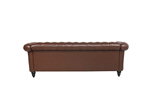 ORRD Chesterfield Sofa Leather, Modern PU Tufted Couch 3 Seater with Rolled Arms and Nailhead for Living Room, Bedroom, Office, Apartment (Dark Brown)