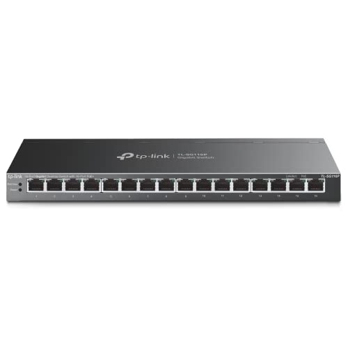 TP-Link Switch desktop Gigabit a 16 porte con PoE+ a 16 porte (TL-SG116P) - Fino a 120 W, montaggio su desktop e a parete, Plug & Play, senza ventola,