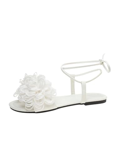OYOANGLE Women's Appliques Criss Cross Lace Up Flat Sandals Open Toe Elegant Wedding Sandals