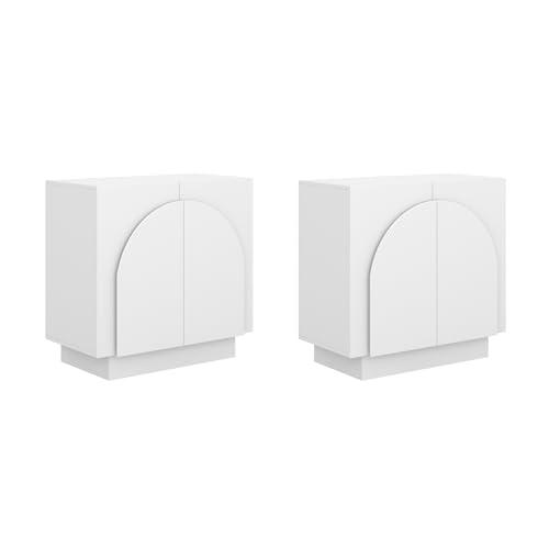 Image of Nathan James Iris Mid-Century Modern Buffet Sideboard Credenza TV Stand, White Wood Storage Cabinet with Arched Doors, Set of 2