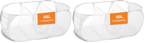 Image of Durable Collapsible Foldable Mesh Pop Up Laundry Basket, 3 Compartments Easy to Carry & Sort Clothes Hampers for Home, Dorm, Travel White (Pack of 2)