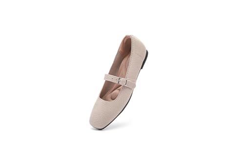 Women Knit Square Toe Ballet Flats Mary Jane Shoes with Adjustable Straps Slip On Comfortable Washable Office Dressy Casual Flat 168-beige-40