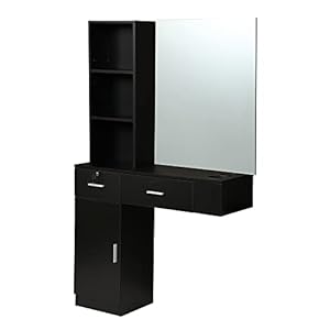 Wall Mount Salon Station with Mirror, Beauty Salon Barber Spa Equipment with Mirror, Shelves, Cabinet, Locking Drawers, Table, Standing Hair Styling Furniture, Black