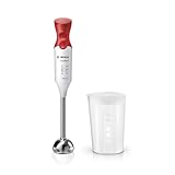 Bosch Frullatore a Immersione MSM64110, 450 W, Impugnatura Ergonomica, Piede in Acciaio Inox, Lama a 4 ali Acciaio Inox, Due Livelli di Velocità, Pratico Bicchiere Graduato Incluso, Bianco, Rosso
