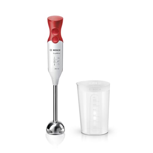 Bosch Mixeur plongeant ErgoMixx, moteur 450 W, 2 vitesses, hachoir, fouet et gobelet doseur, blanc/rouge, MSM64110