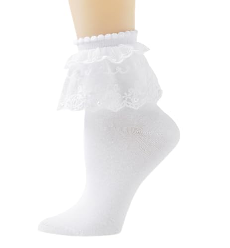 Women Lace Ruffle Frilly Ankle Socks with Pearl Lace