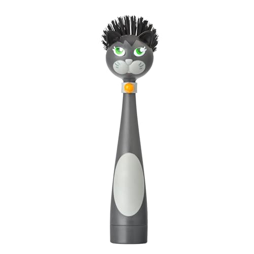 Vigar Felix Cat-Shaped Soap Dispensing Dish Brush, Dish Brush with Soap Dispenser for Pot Scrubber, Dishes, Sink, and Kitchen Essentials, Black, Gray