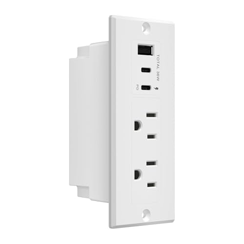 LIDER PD 36W Recessed Outlet Station with USB-A and USB-C Ports, Desktop Power Grommet, Power Delivery, Tamper-Resistant Receptacles, Power Strip for Desks and Cabinet, White, 6.5ft Cord, ETL Listed